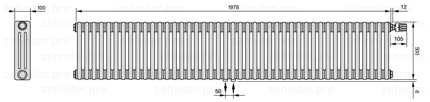 Схема (чертеж) Радиатор Zehnder Charleston 3050/43 №V008 Белый глянцевый RAL 9016